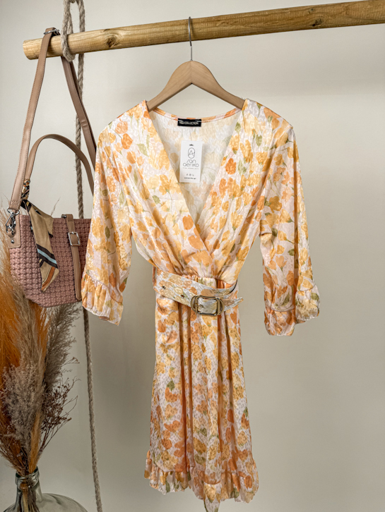 Φόρεμα mini floral βολάν ζώνη χρυσή