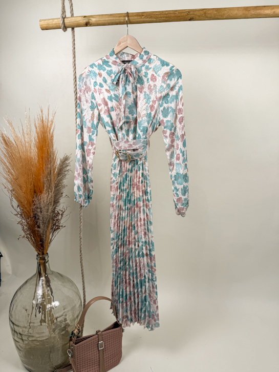 Φόρεμα maxi floral πλισέ δέσιμο γιακάς ζώνη