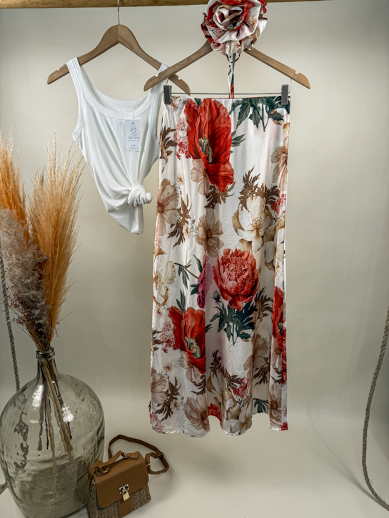 Φούστα maxi σατέν floral ζώνη λουλούδι