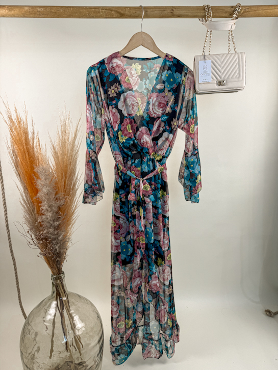 Φόρεμα maxi floral διαφάνεια καμπάνα μανίκι